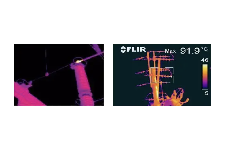 Thermal image showing the presence of corona effect during an inspection of electrical components of a substation. Source: TERMOGRAFÍA EN SISTEMAS DE DISTRIBUCIÓN ELÉCTRICA Technical Paper by Roberto Poyato Technical Support Department of Fluke Iberica