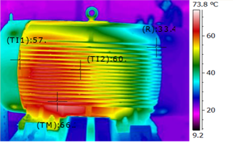 Thermal image demonstrating a motor with localized high temperature zones due to electrical insulation failure. Reference: R. Wayne Ruddock, Advanced Infrared Resources.