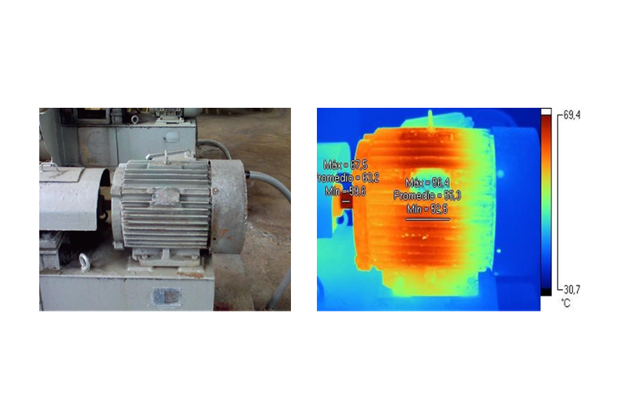 High temperatures due to misalignments. Visible light photo and thermogram of the coupling side bearing. Reference: Thermographer: Francisco Torres, Level II, Power Plant Nuevitas.