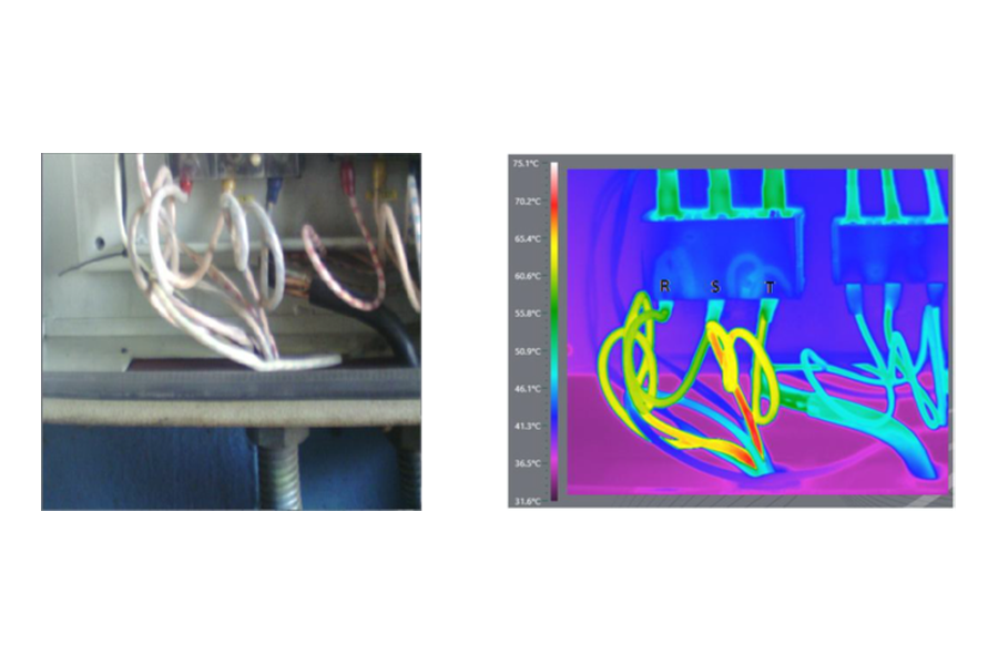 High temperatures in the panel input conductors due to current overload. Reference: Thermograph Level II, Nelson López, Power Plant Matanzas.