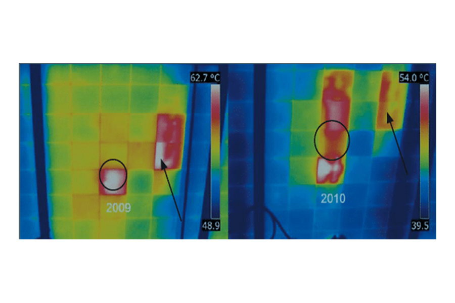 Hotspots in photovoltaic cells. Source: https://ovacen.com/uso-y-aplicaciones-de-la-termografia/