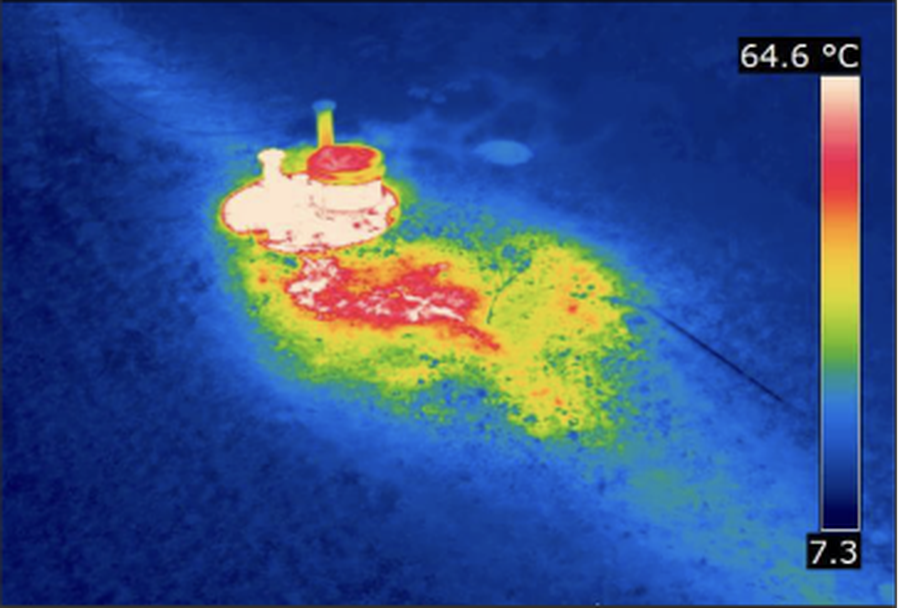 Infrared steam pipe leak finds a break in the pipe by the manhole. Source: https://www.infraredimagingservices.com/infrared-steam-pipe-inspection-finds-leaks-buried-steam-pipes-and-condensate-lines-new-york-new/