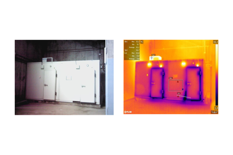 Poor sealing of the doors and the escape of cold air to the outside, Reference: https://aclingenieria.com/termografia-aplicada-a-camaras-de-frio/