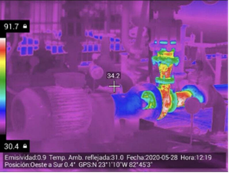 Fig. a) Pump with discharge valve failure at the seat, obstructing the fluid. Reference: Thermographer Level II Nolbys Espinosa Mazon, Power Plant, (Mariel).