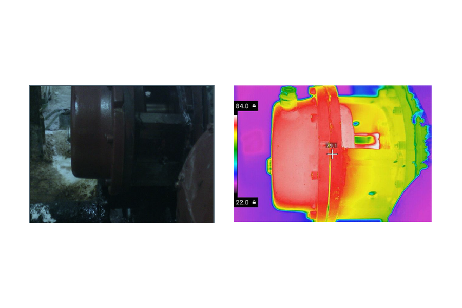 Screw pump with gears at its ends. The gears have been assembled with excessive clearance, leading to overheating of the oil in the gearbox. Reference: Thermographer Level II, Nelson López. Power Plant Matanzas.