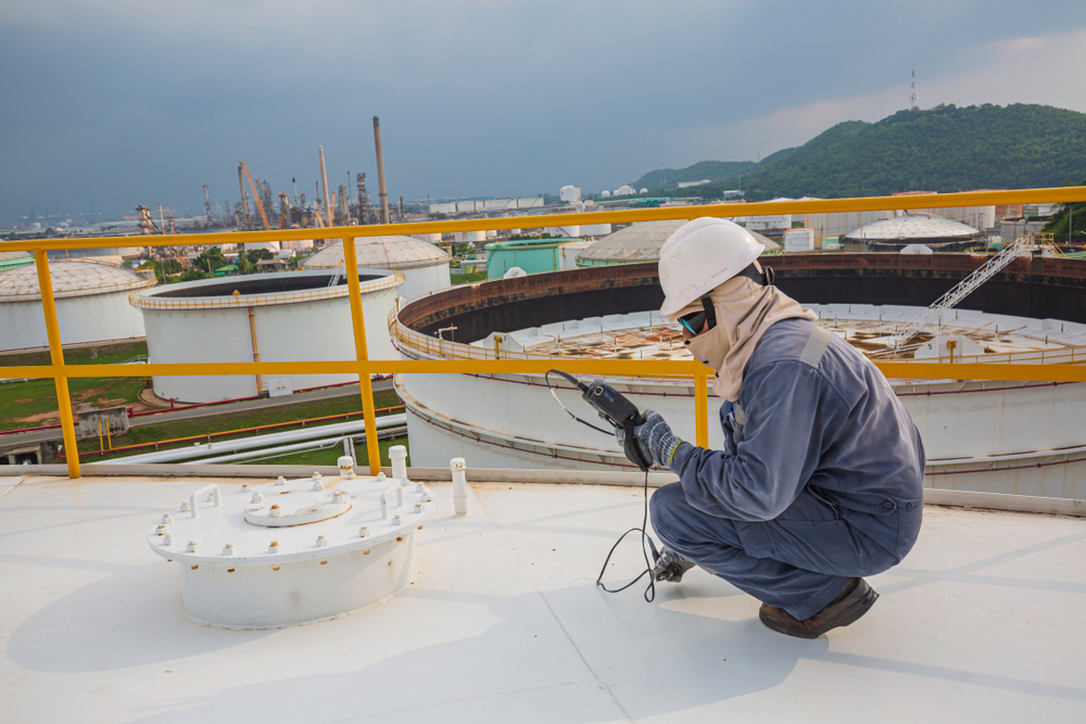 Figure 9: Ultrasonic thickness inspection on roof plate top of storage tank.