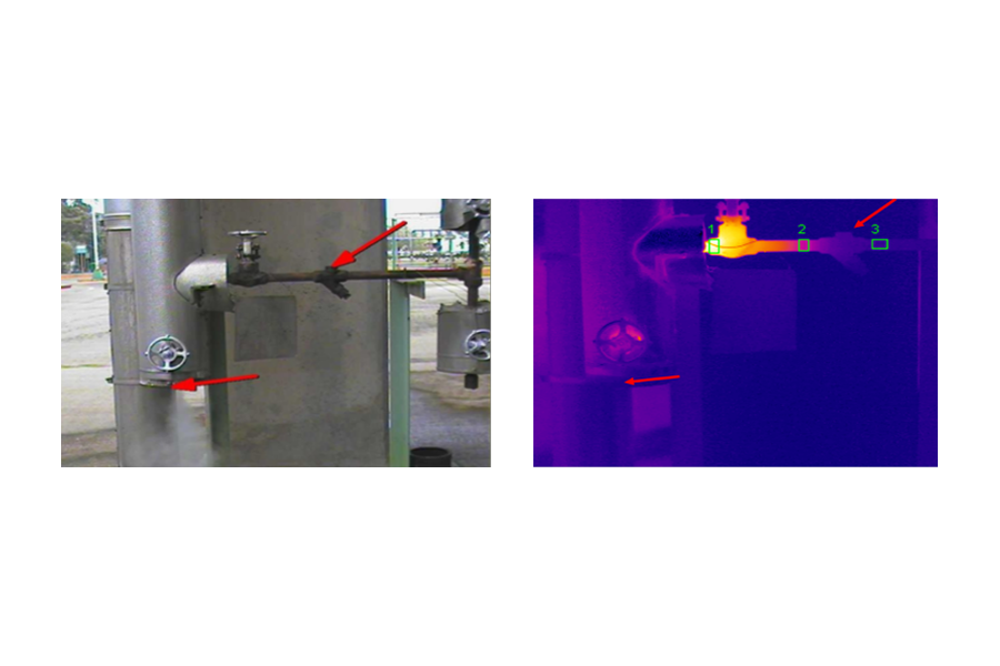 Valve 1 is in the closed position, resulting in a uniform cold temperature on both sides. Valve 2 is in operation, indicated by a hot temperature on the steam side and a cold temperature on the condensate side.